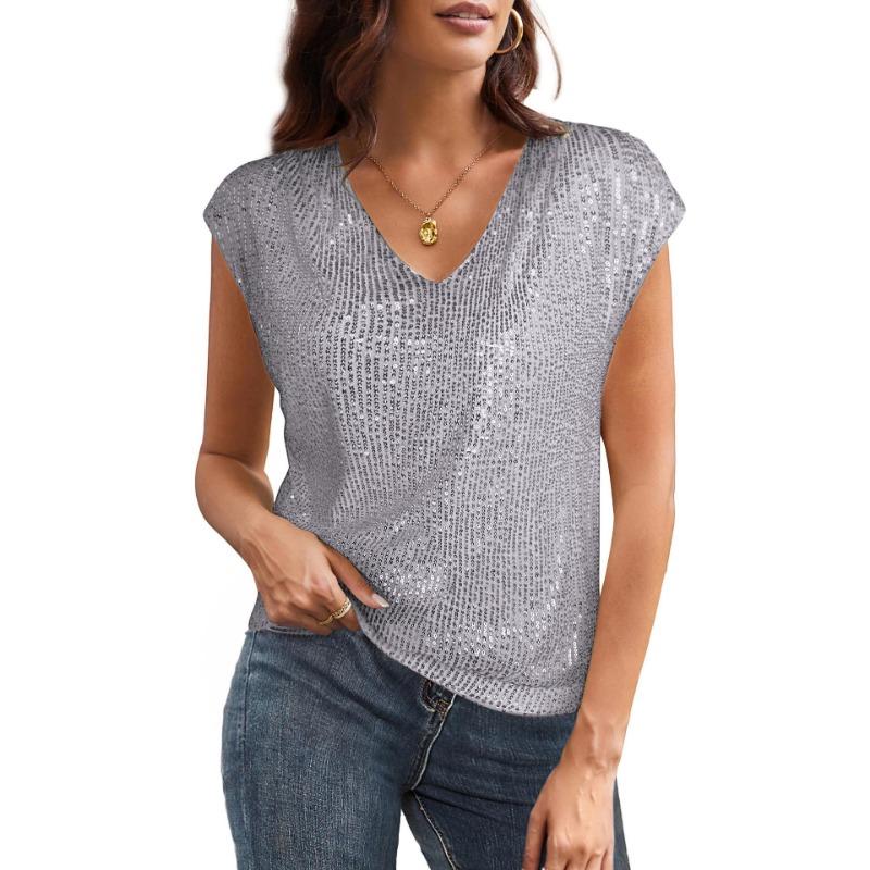 Damen Sommer V-Ausschnitt Pailletten Kurzarm Top Weste