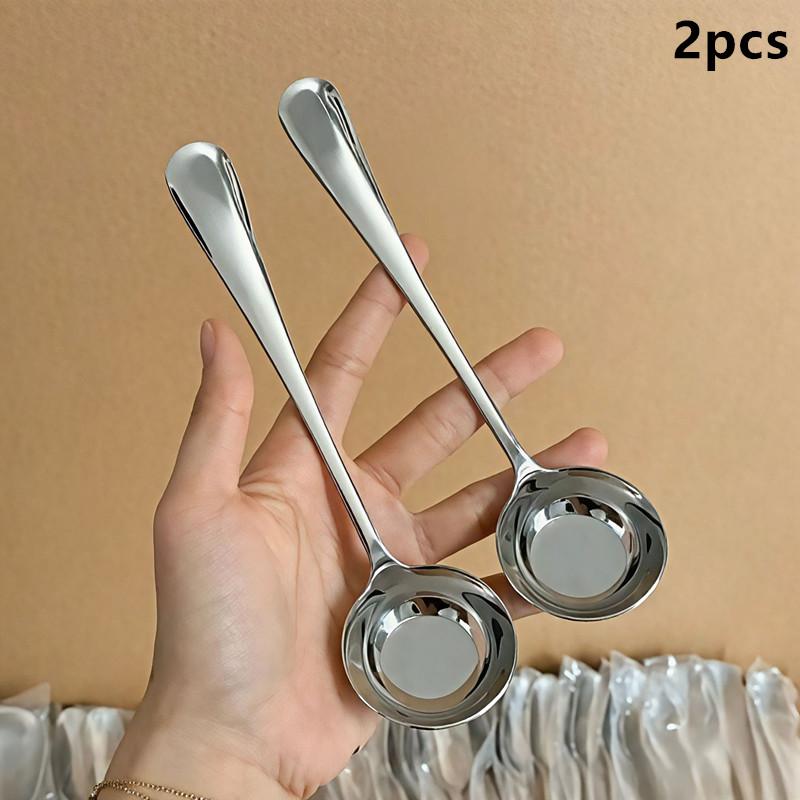 

1/2Pcs Stainless Steel Flat Bottomed Round Headed Spoon Long Handle Spoon For Rice Soup Noodles Coffee Cake Dessert 2pcs