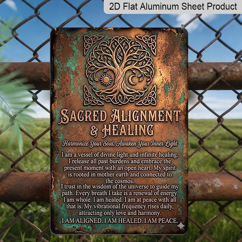 

2D Flat, Vintage 7.87*11.8 Square Aluminum Wall Plaque Sacred Tree Totem with Healing Text, Ideal for Home and Office Decoration, Living Room, Cafe 20*30cm