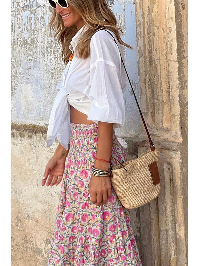 2023 Summer European & American Casual Women's Printed Long Dress with Elastic Waist for Vacations