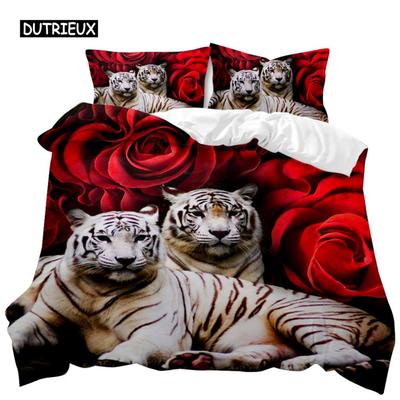 Tiger-Bettbezug-Set, rote Rose, Blumen-Bettbezug, Jungen, afrikanische Safari, wilde Tiere, große Katze, Queen-King-Size-Polyester-Quilt-Bezug