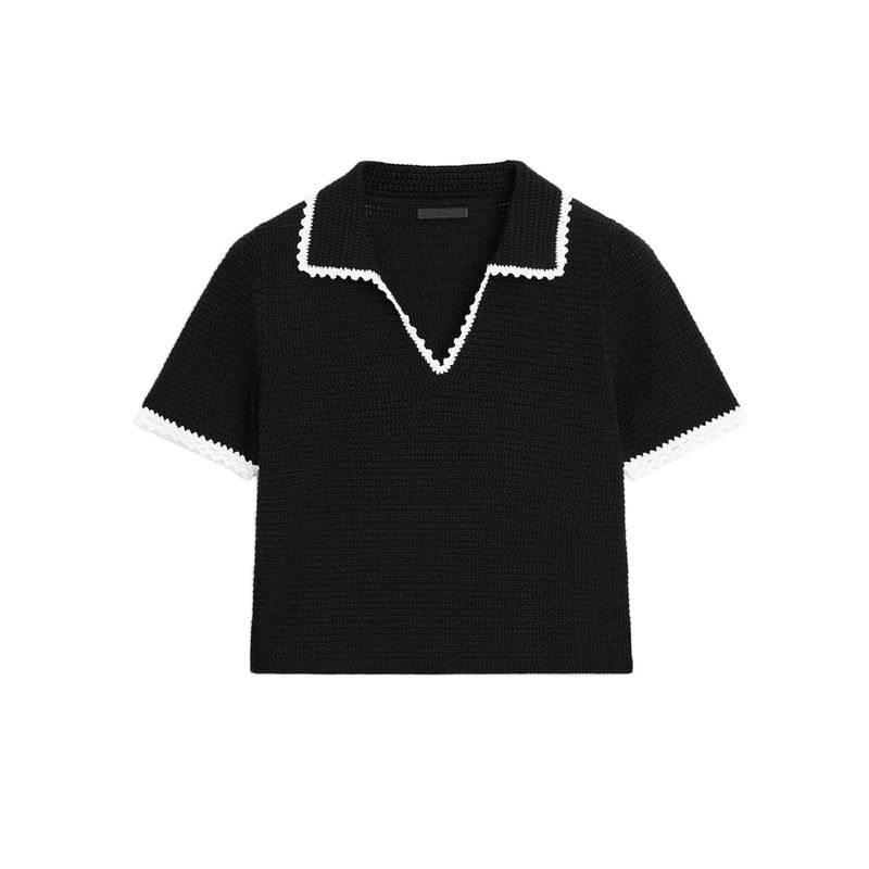 MD New Women's Clothing Classic Style Elegant Lady Creamy-white Crocheted Polo Collar Short Sleeve Knitwear 5731683