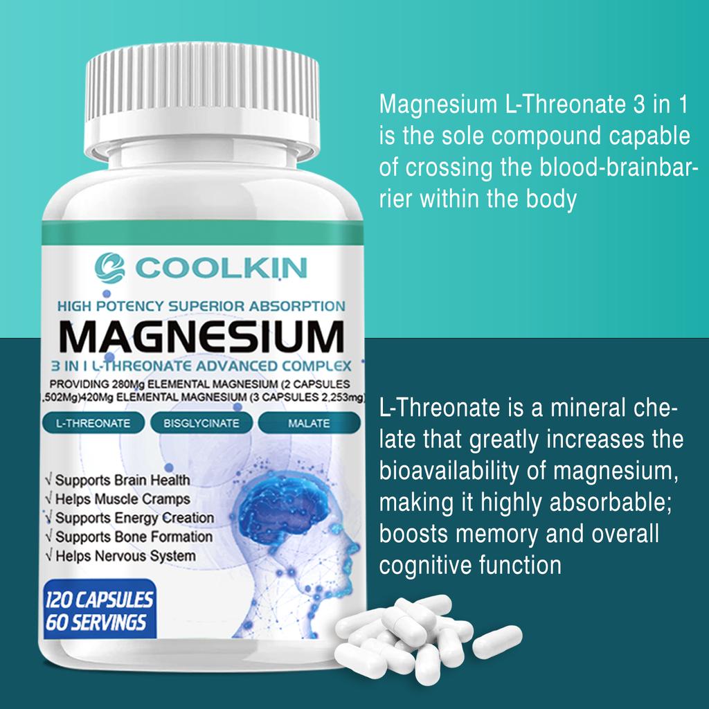Capsule composite di magnesio tre-in-uno, contenenti magnesio L-treonato, magnesio taurinato, magnesio glicinato, adatte per adulti.