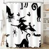 Black Silhouette Halloween Shower Curtain Witch Cat Spider Dragon Bat Print Polyester Fabric for Bathroom Decor White 72x84in