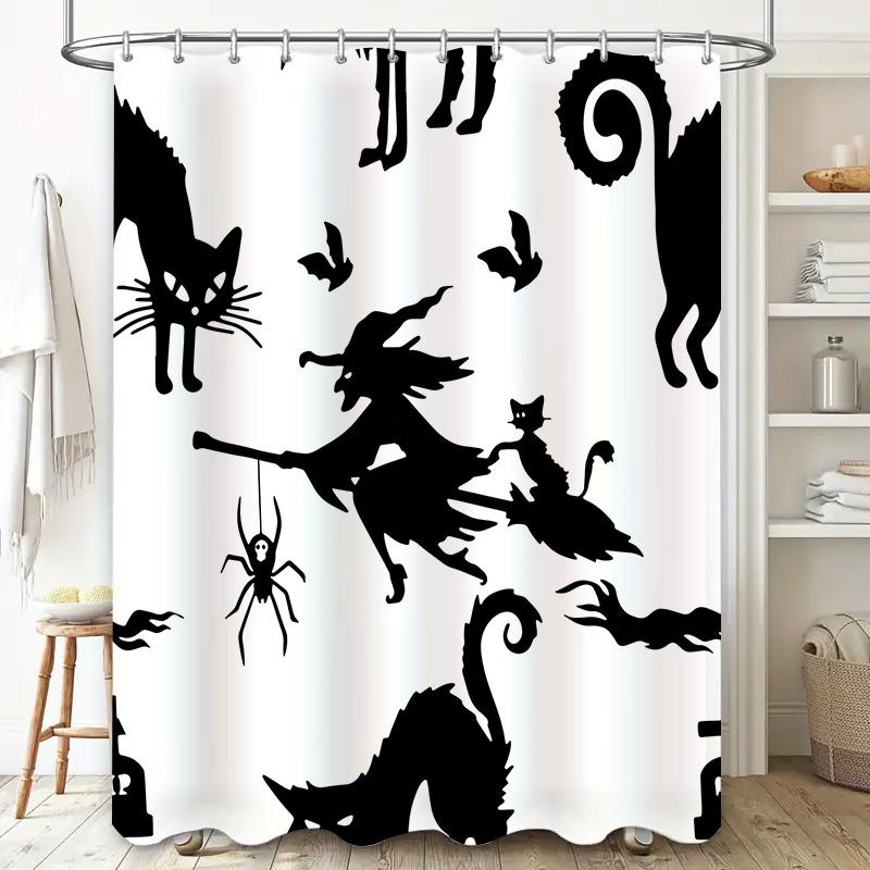Black Silhouette Halloween Shower Curtain Witch Cat Spider Dragon Bat Print Polyester Fabric for Bathroom Decor White 72x84in