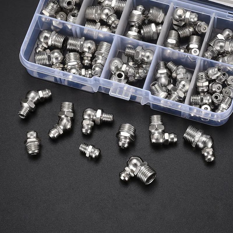 60 PCS Metric Grease Fittings Kit Metal M6 M8 M10 45 90 Degree Hydraulic Grease Zerk Assortment For Angled Grease Mechanical