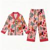Simulation silk spring and autumn long-sleeved cartoon leopard lapel cardigan loungewear pajama set, women's model