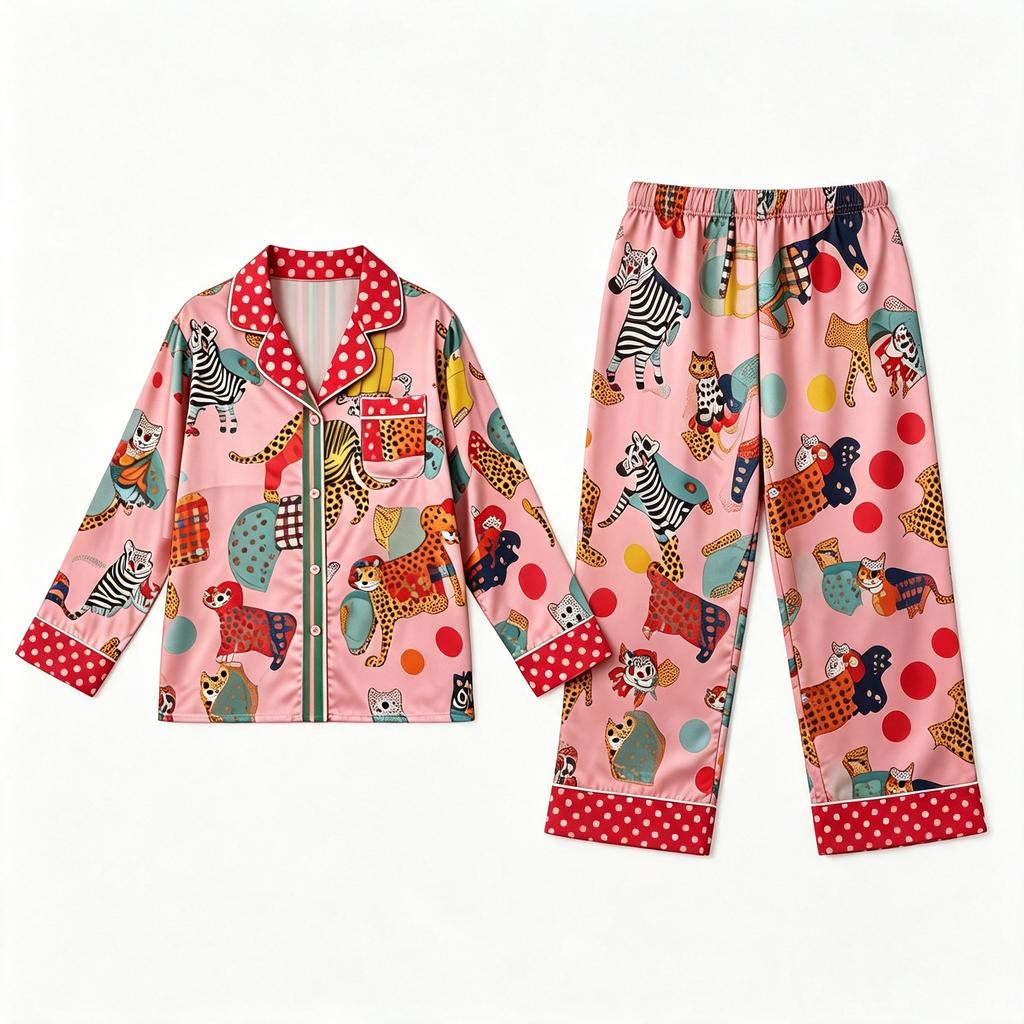Simulation silk spring and autumn long-sleeved cartoon leopard lapel cardigan loungewear pajama set, women's model