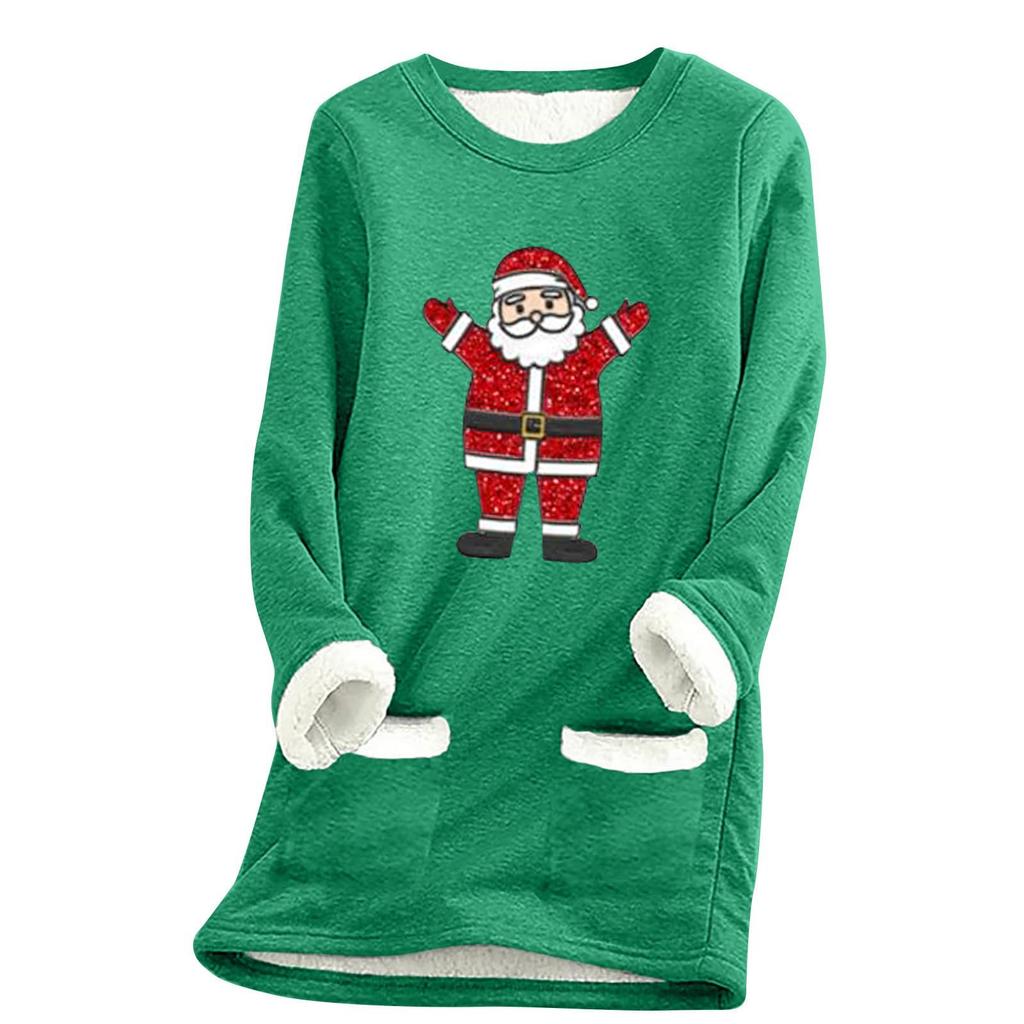 Ladies' Loose And Comfortable Round Neck Christmas Print Thick With Pockets Long Sleeved Top