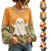 Women's Color Block Halloween Print Top with Round Neck and Long Sleeves