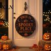 Vintage Style Seasonal Sign My Haunted Place Halloween Door Sign, Rustic Metal Entryway Decor Hanging Festive Decoration for Front Indoor Cemetery