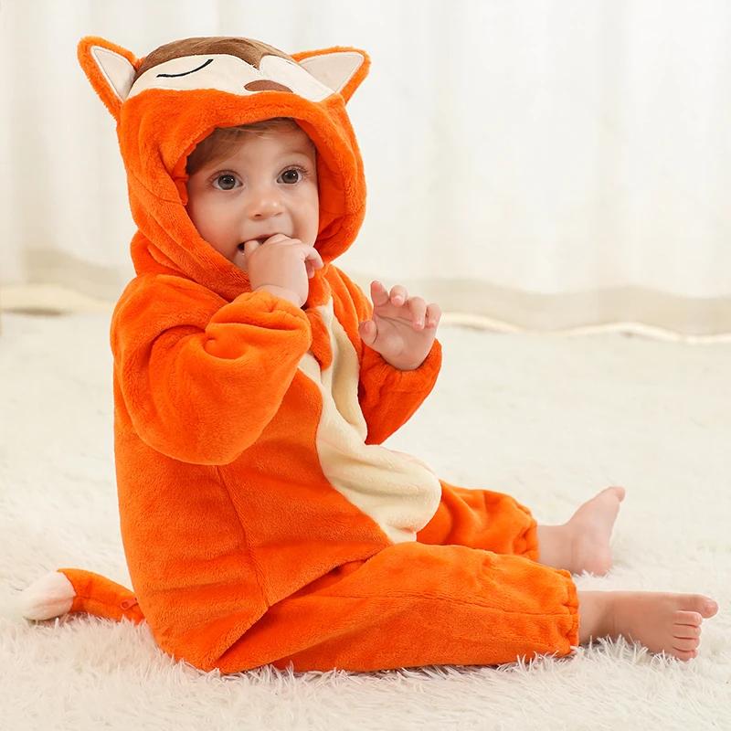 Winter Halloween Dinosaur Kigurumi Cosplay Clothes Hooded Animal Cow Monkey Unicorn Onesies Baby Thick Romper Newborn Jumpsuit