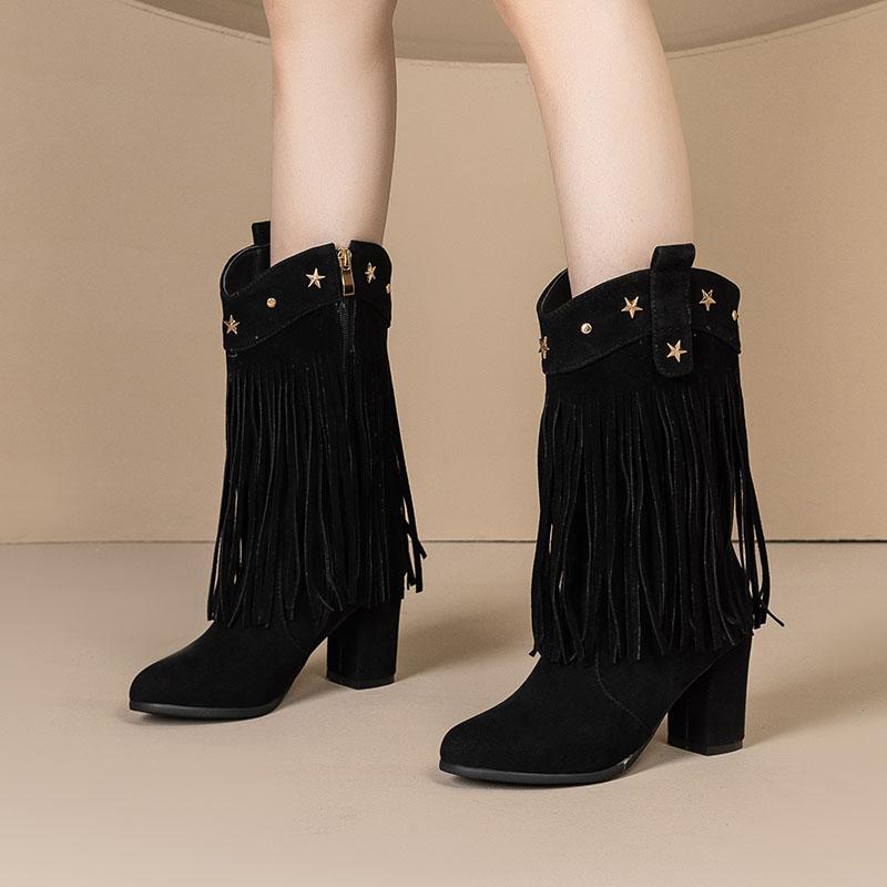 Women's high-heeled short boots autumn and winter new thick-heeled large-size fringed short boots