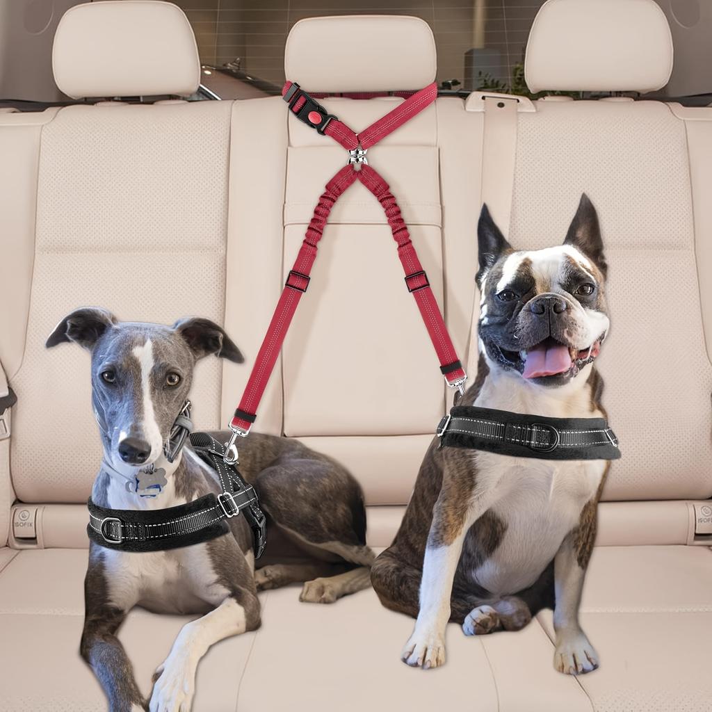 [Cinturón de Seguridad Seguro para Perros] Cinturón de Seguridad Doble para Coche para Perros con Hebilla Ajustable | Bungee Elástico de Nailon Reflectante Reposacabezas Sujeción - Seguro