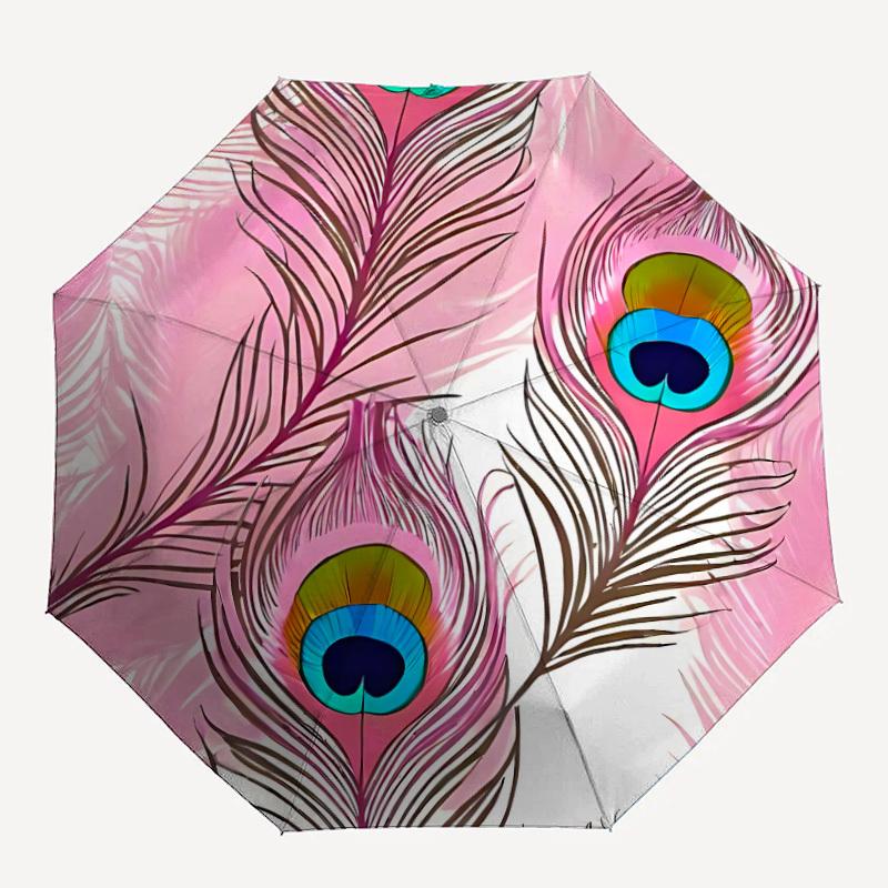

1PC Peacock Feather Pink Pattern Automatic Open/close Umbrella with 8-Rib Structure for Women/Men, All-Season Use - Travel Essential, Stylish Accessor