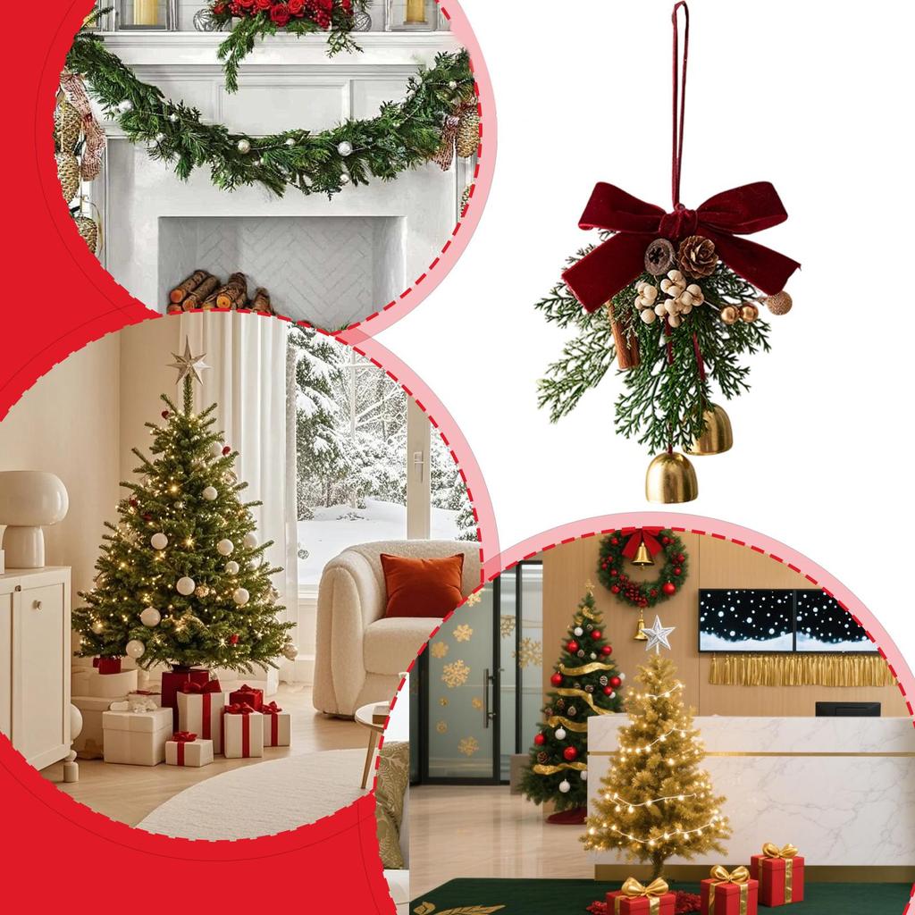 Red/Green Christmas Velvet Bow Bell Festive Jingle Bells Door Hanging Christmas Chime Bell Crisp Sound Pine Cone Bell Pendant
