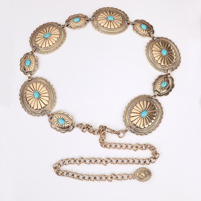 Bohemian Waist Chain Turquoise Inlaid Large Accessories Western Style Denim Handsome Metal Heavy Industry New Women's Waist Chain