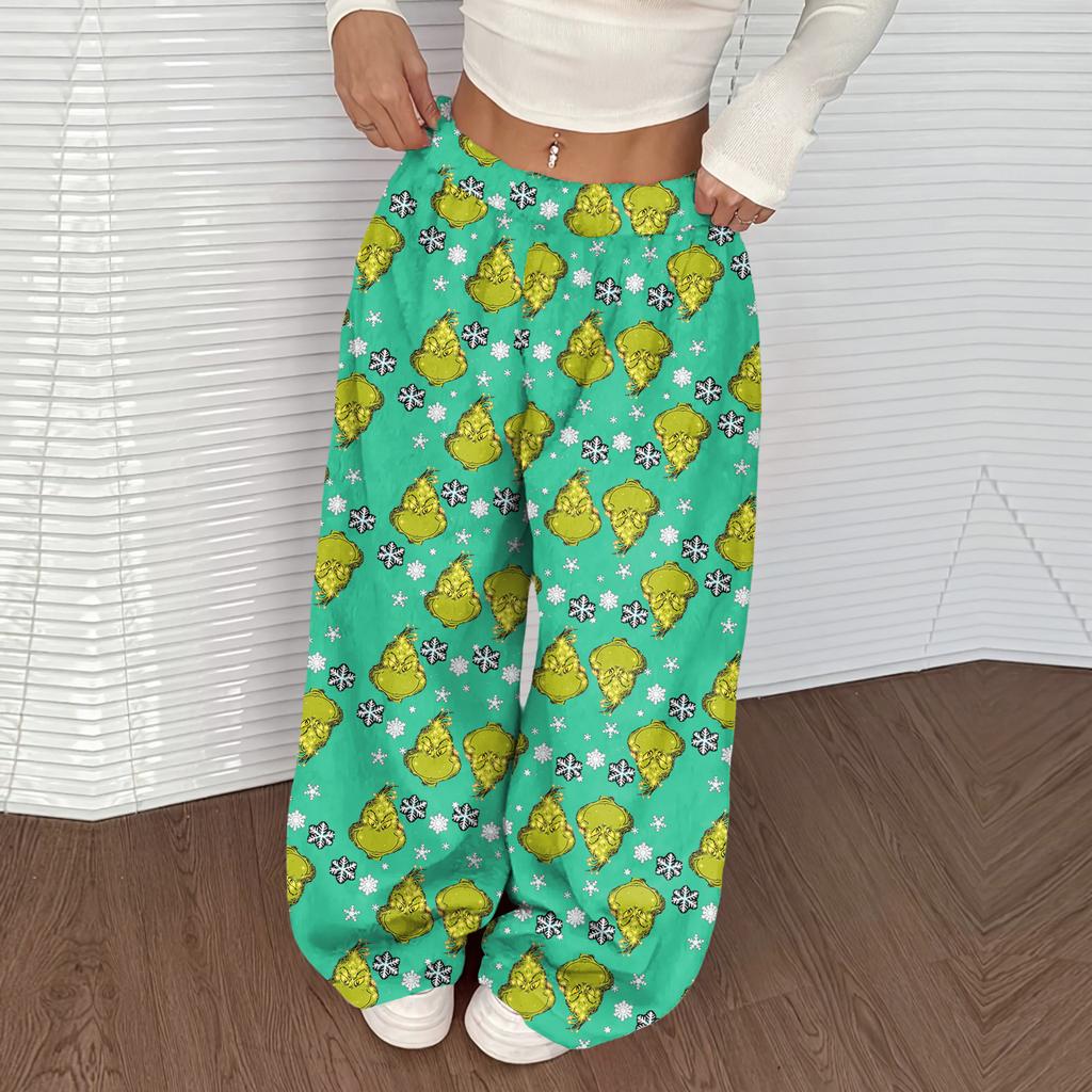 Women's Casual Christmas Print Elastic Waist Loose Fit With Plush Wide Leg Pants