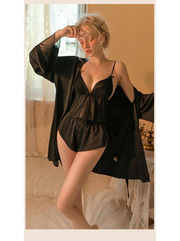 Sexy Pyjama-Set aus Eisseide mit kurzem Knopf vorne und Bauchband für Damen