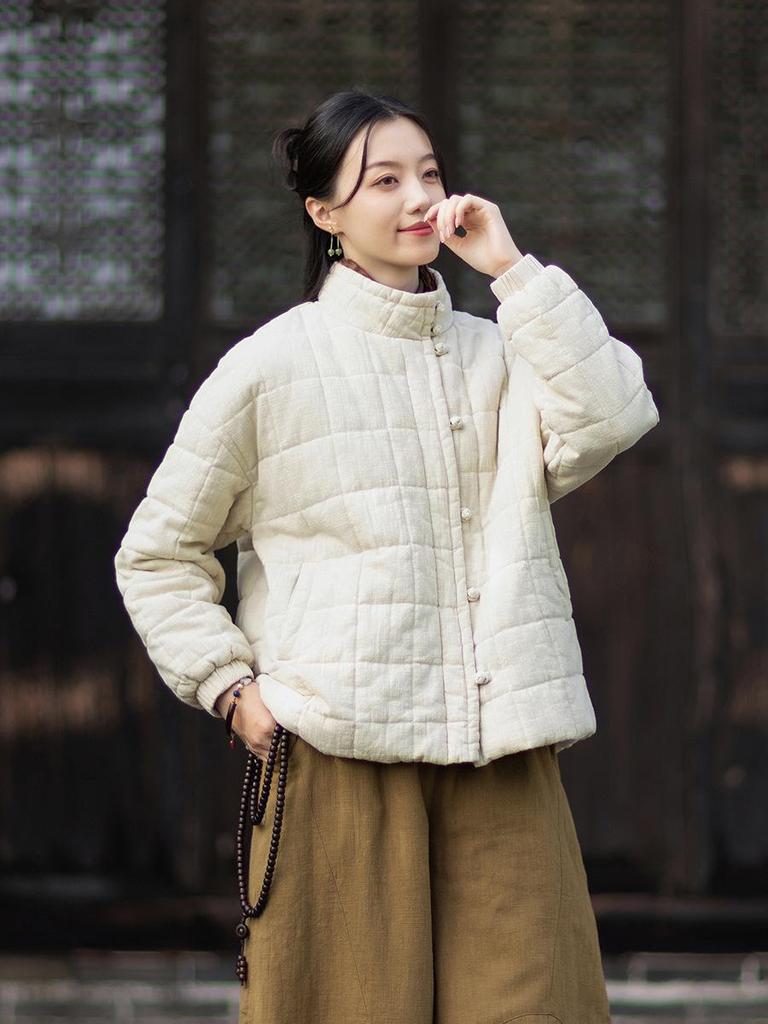 Women's Winter Quilted Plaid Stand Collar Coat - Chinese Retro Style