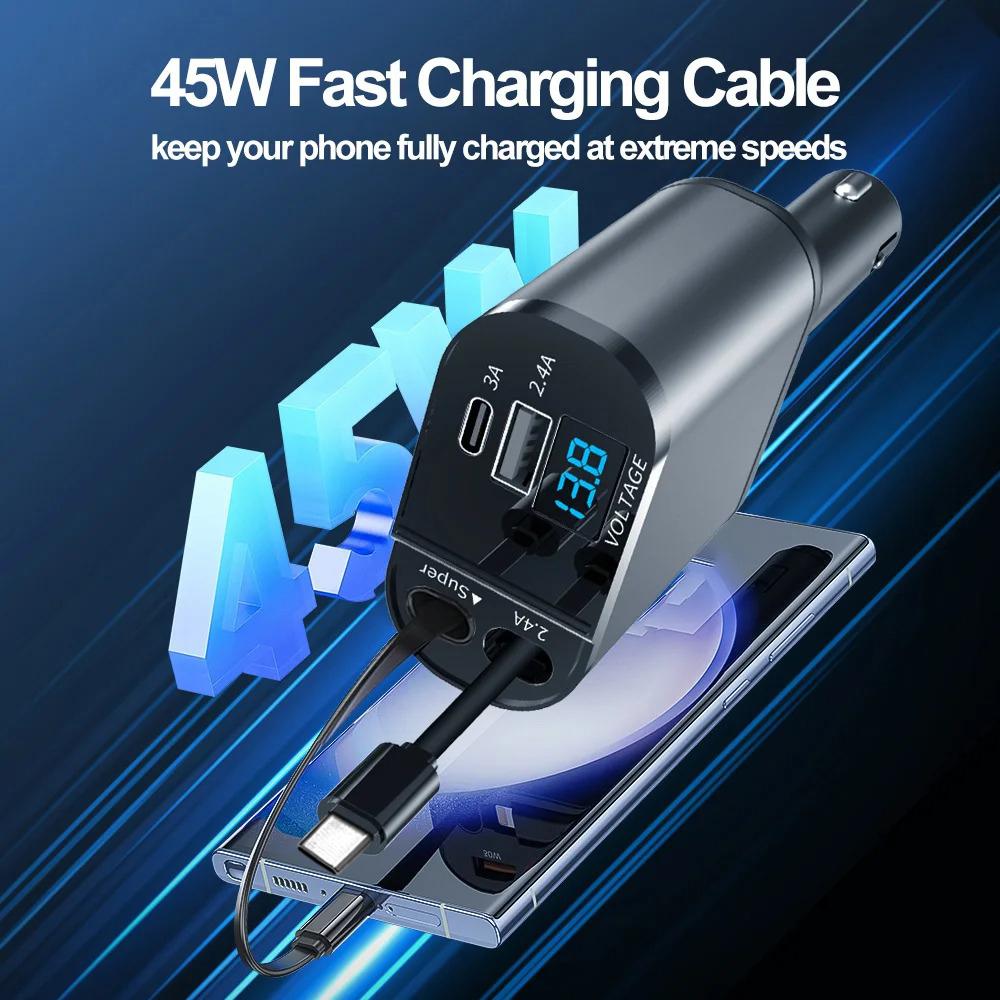 4 In 1 Car Charger 120W Super Fast Charging PD 3.0 with LED Display Cable  Power Adapter for IPhone 16 15 14 13 Pro Xiaomi Samsung