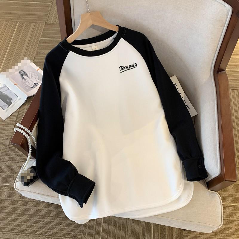 

White Curved Long-Sleeve Mid-Length Velvet Plus Women s Loose T-shirt (Autumn/Winter 2025) M, 80-100 jin