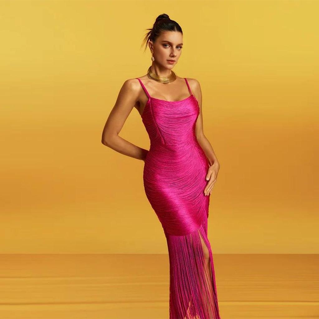 European & American Fringe Off-Shoulder Sexy Spaghetti Strap Bodycon Party Dress