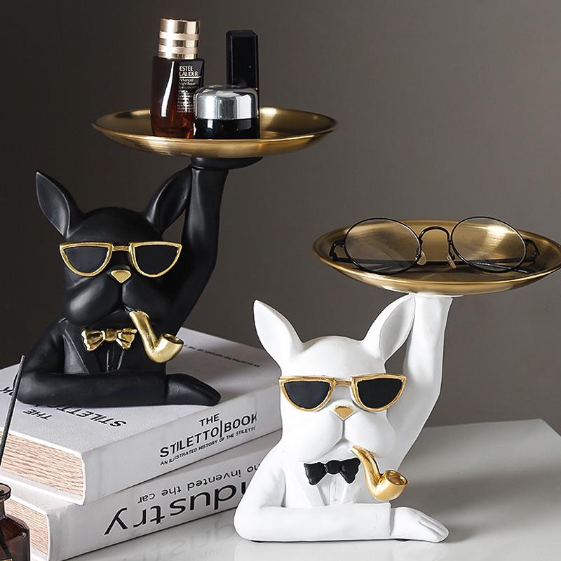 Ornamento Decorativo Bandeja Dupla Bulldog Francês Nórdico - Porta-Chaves para Entrada