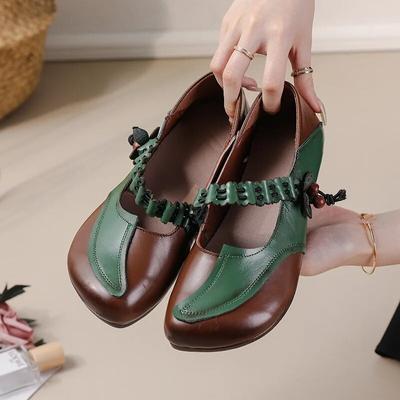 Zapatos planos bajos de cuero genuino de colores mezclados de estilo étnico, zapatos de suela suave informales versátiles para mujer