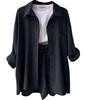 2024 Autumn Women's Two-Piece Set: Wrinkled Long Sleeve Shirt & High Waist Drawstring Shorts