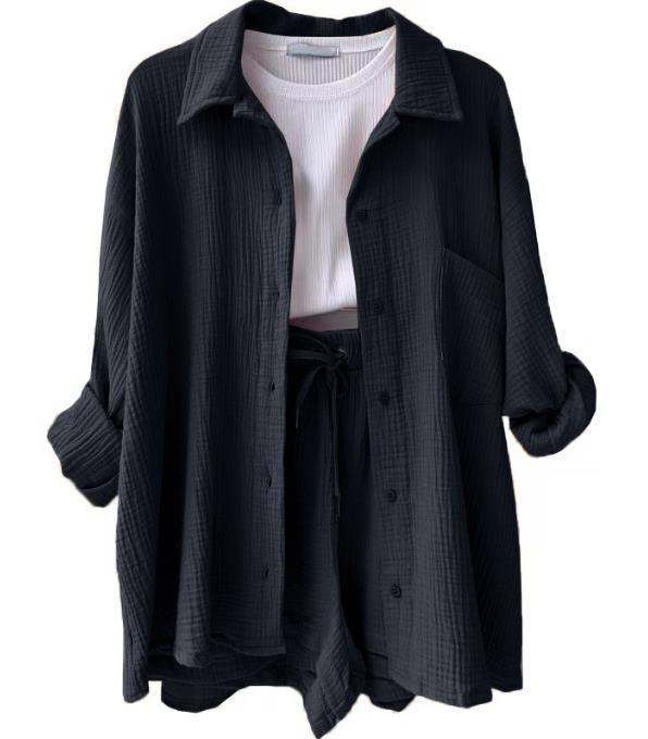 2024 Autumn Women's Two-Piece Set: Wrinkled Long Sleeve Shirt & High Waist Drawstring Shorts
