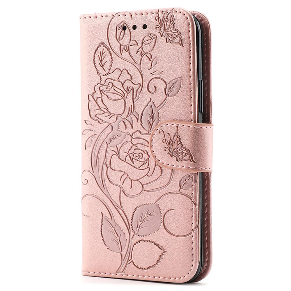For iPhone 16e Case Wallet Stand Imprinted Rose Butterfly PU Leather Phone Cover