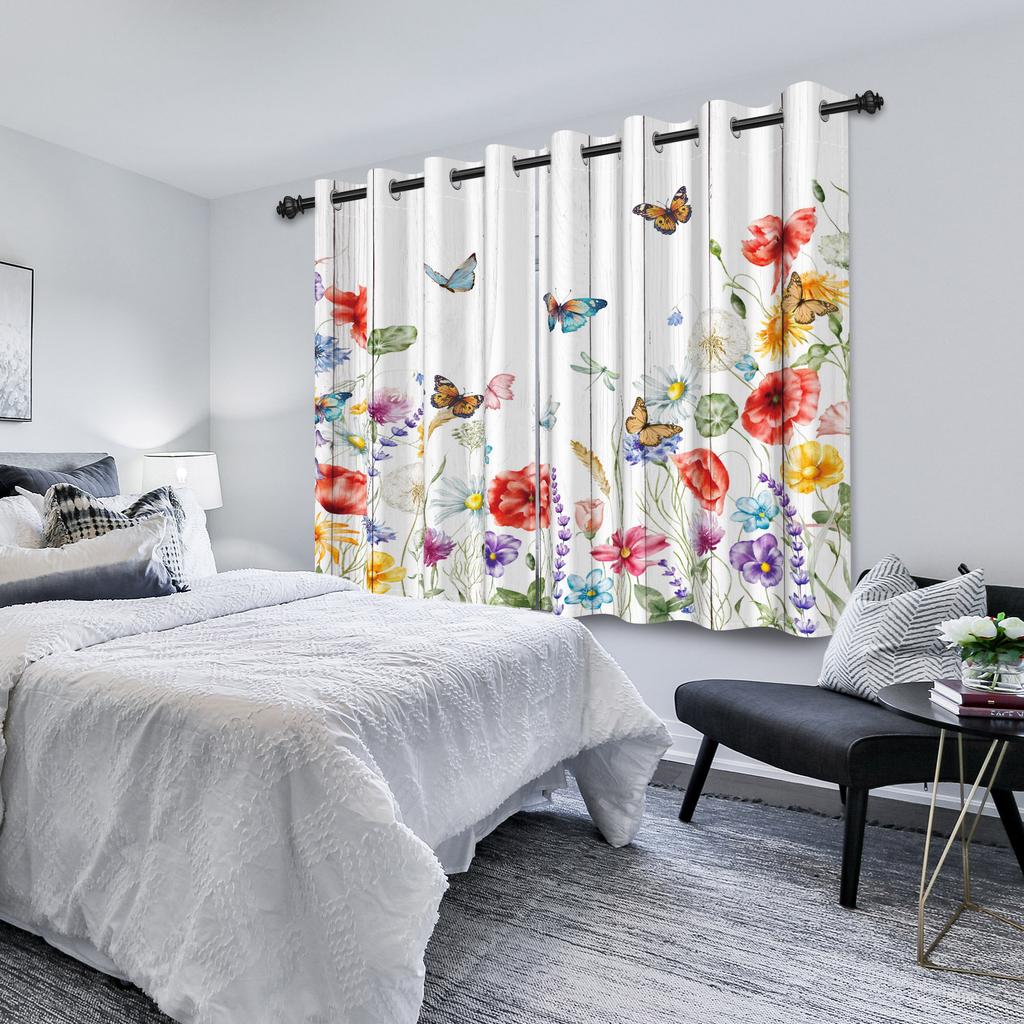 Zatemňovací závěs s motýly, květinami a rostlinami do ložnice, obývacího pokoje, kavárny, bytu, na okno dětského pokoje, závěsné závěsy, polyester, 2 ks