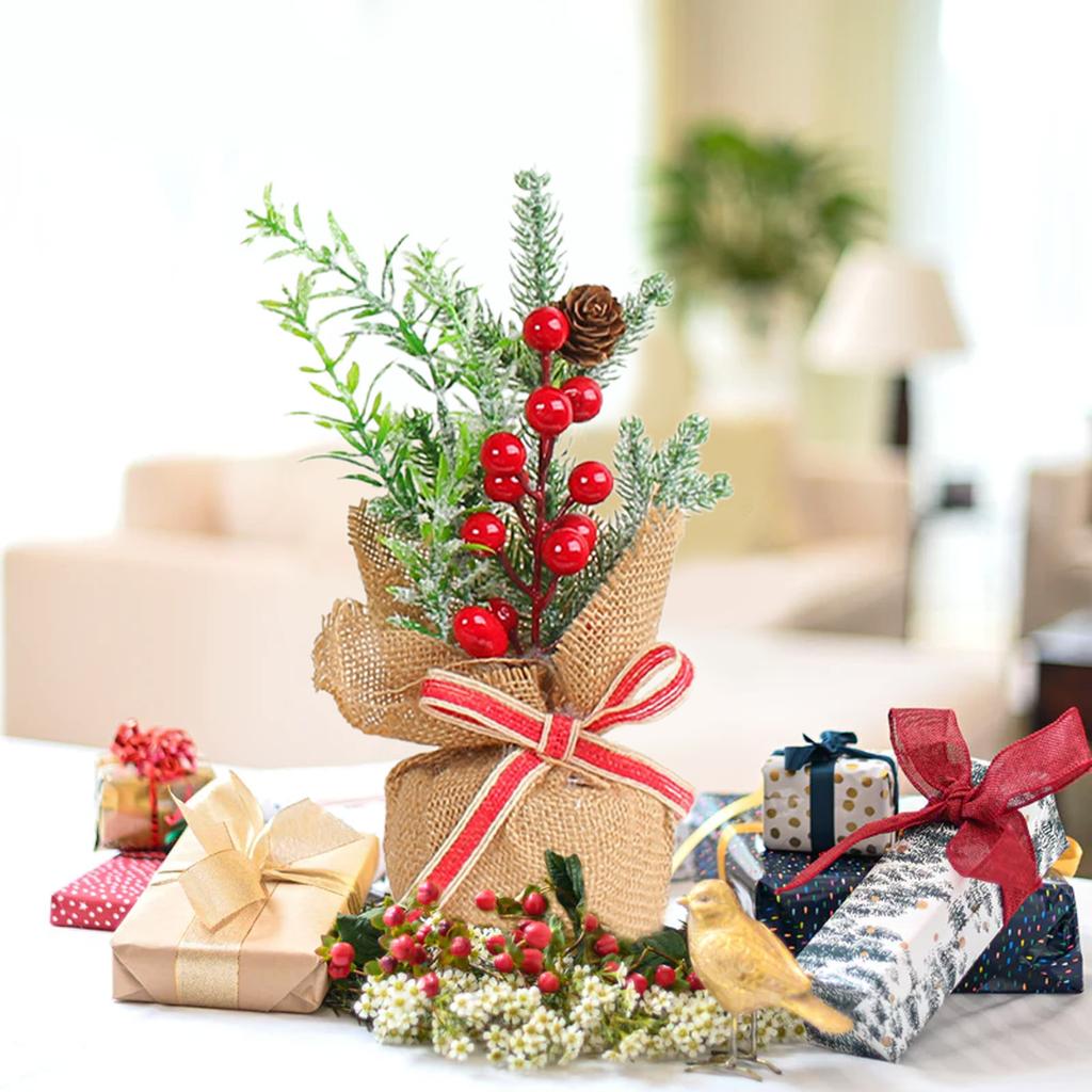 Mini Xmas Tree Table Decorations Office Holiday Decor Small Artificial Trees with Red Berries Pine Cone Greenery