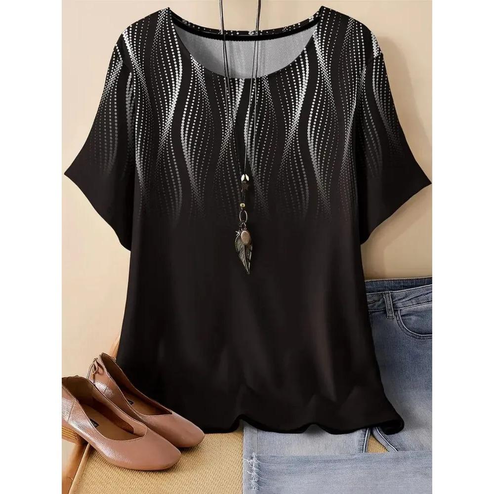 Women's Fashionable Breathable Round Neck Striped Grid Short Sleeved T-shirt Comfortable Soft Breathable Loose Summer Plus Size T-shirt