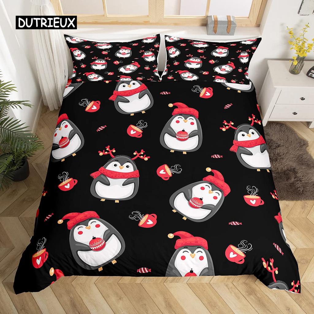 Penguin Comforter Cover Package Queen Dimension Size Sweet Animal Design for Kids Teens Bed Ensemble Sweet Penguin Animal Design Cozy Quilt Cover