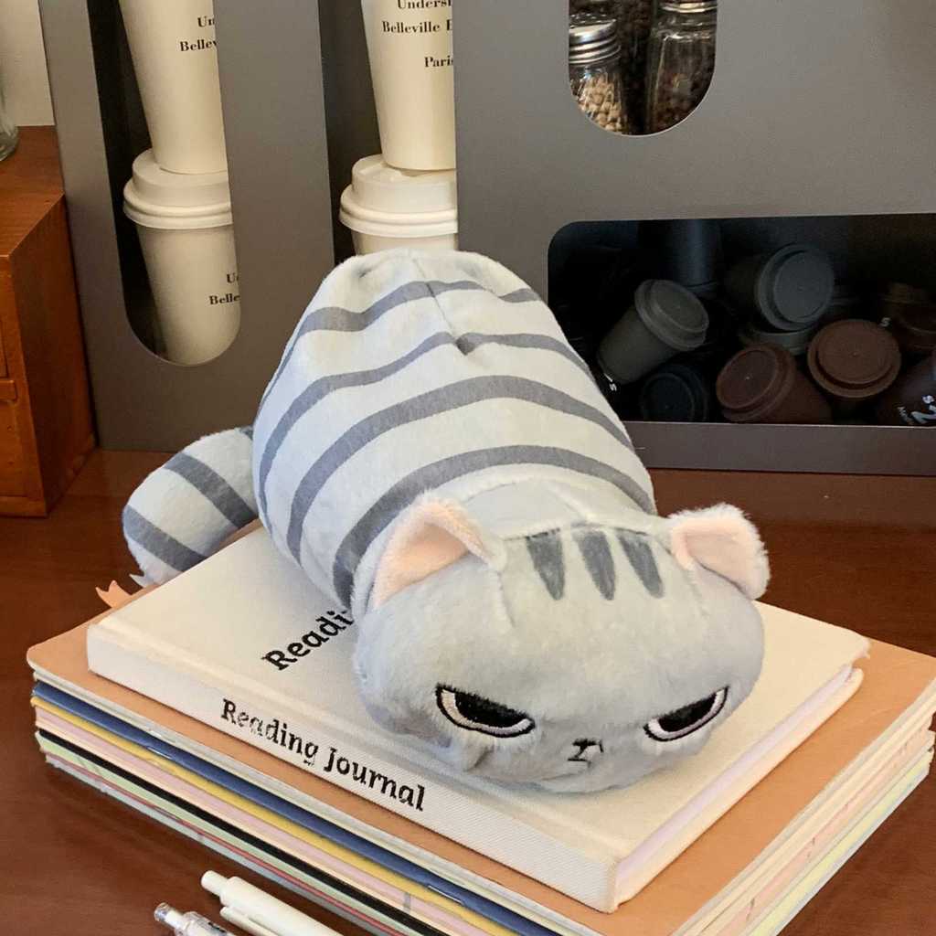 Cute Gray Cat Plush Pencil Case With Cartoon Design For Kids And Students