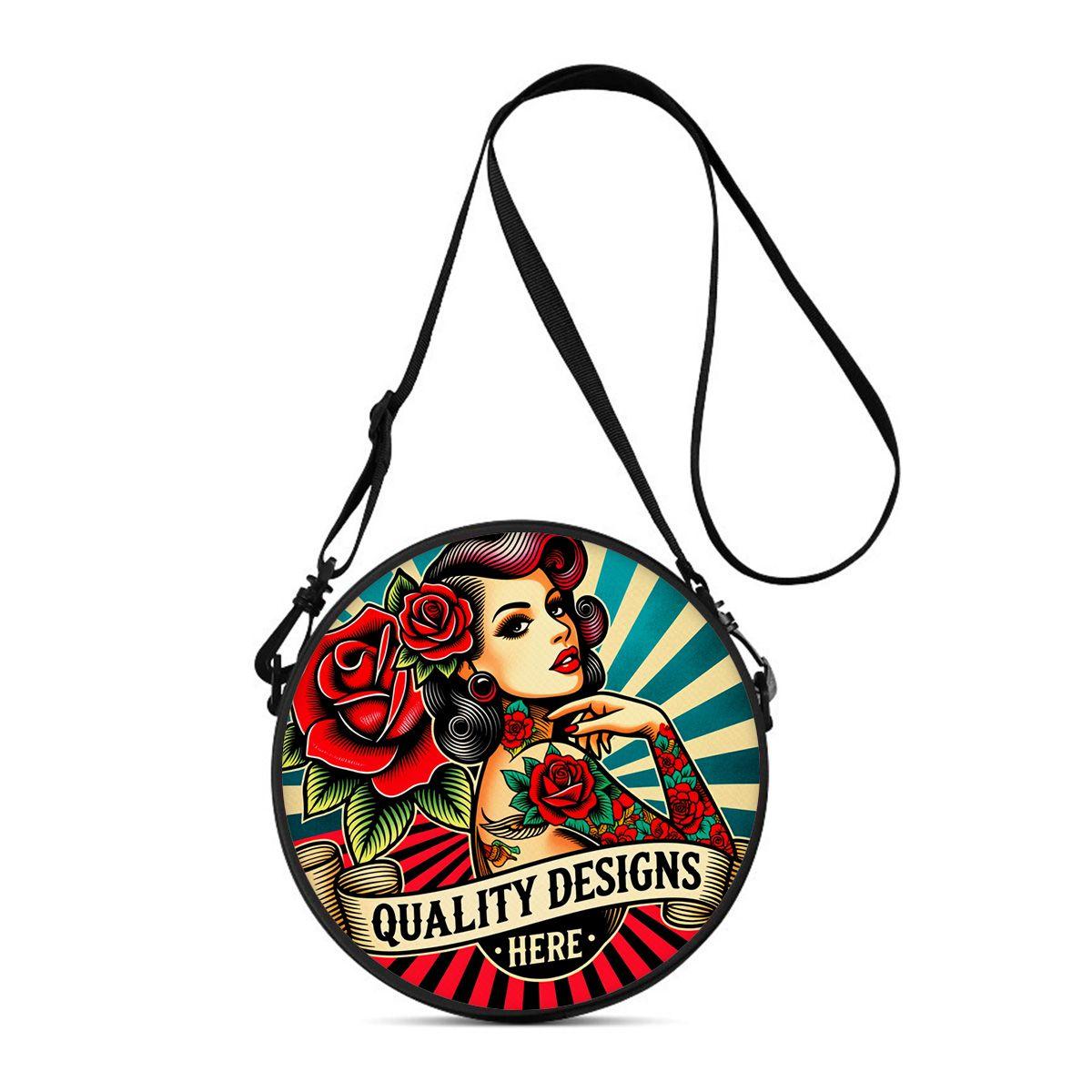 Fancy Style Studio Dames Ronde Crossbody Tas Vintage Tattoo Art Sexy Dame Rozenprint Cirkel Schoudertas Verstelbare Riem Reizen Messenger Tas Cadeau black