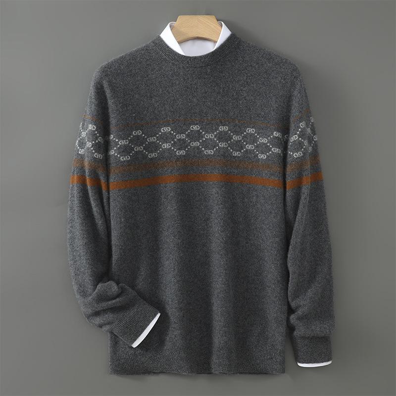 Men's Color Block Wool Pullover - Warm, Thickened Round Neck Knitwear for Autumn/Winter 2025