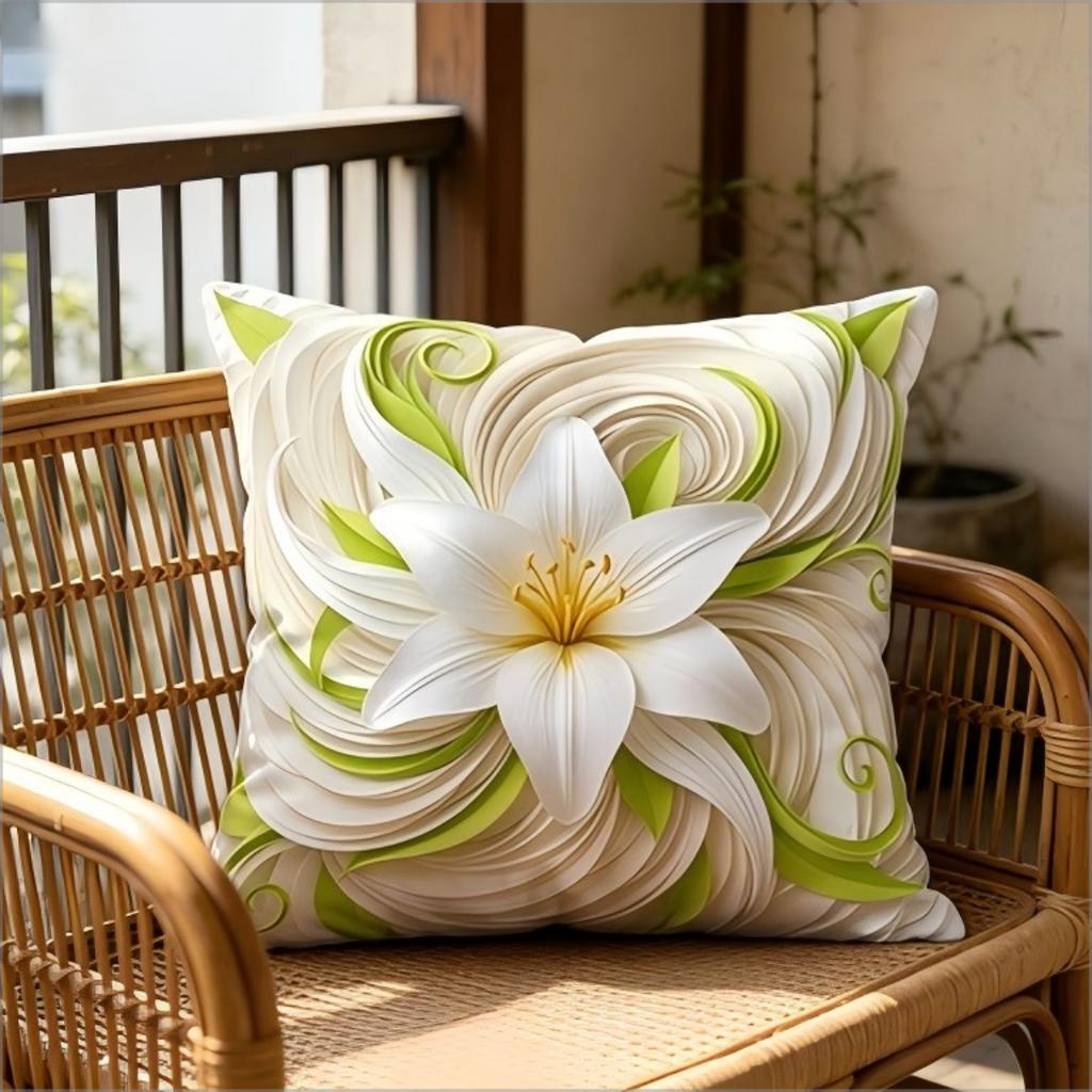 2D-Effekt Weiße Lilie Blumendruck Kissenbezug, Dekoratives Kissen im Faux-Stickerei-Stil für Wohnzimmer Schlafzimmer Sofa