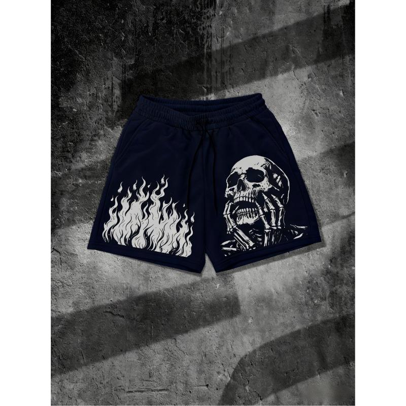 European and American Men's Summer Flame Skull Print Comfortable and Breathable Drawstring Shorts for Outdoor Leisure Vacation