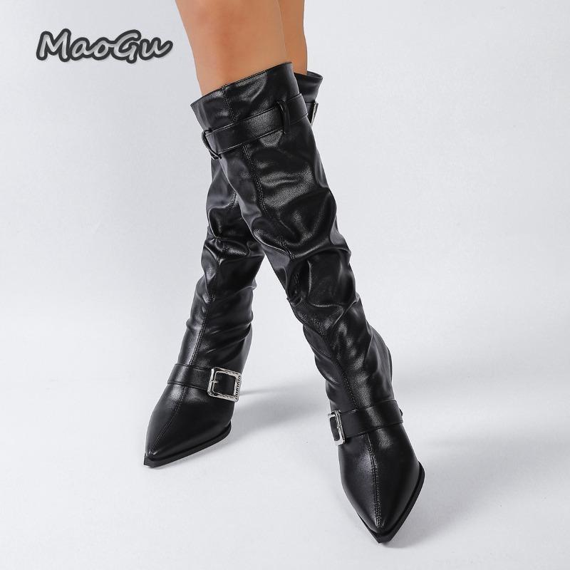 Fashion Fashion Metal Buckle Decor Long Boots for Women Solid Color Pointed Toe Autumn Knee High Boots Sexy Thin High Heel Party Shoes