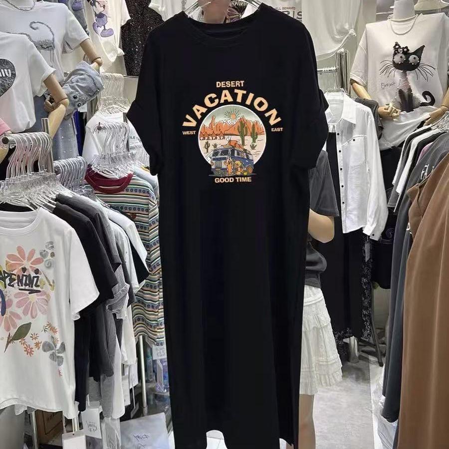 Vară Nouă Rochie Tricou cu Mânecă Scurtă Imprimată pentru Femei, Stil Coreean Larg și Casual Mărimi Mari Rochie cu Mâneci Fluture Rochie Lungă