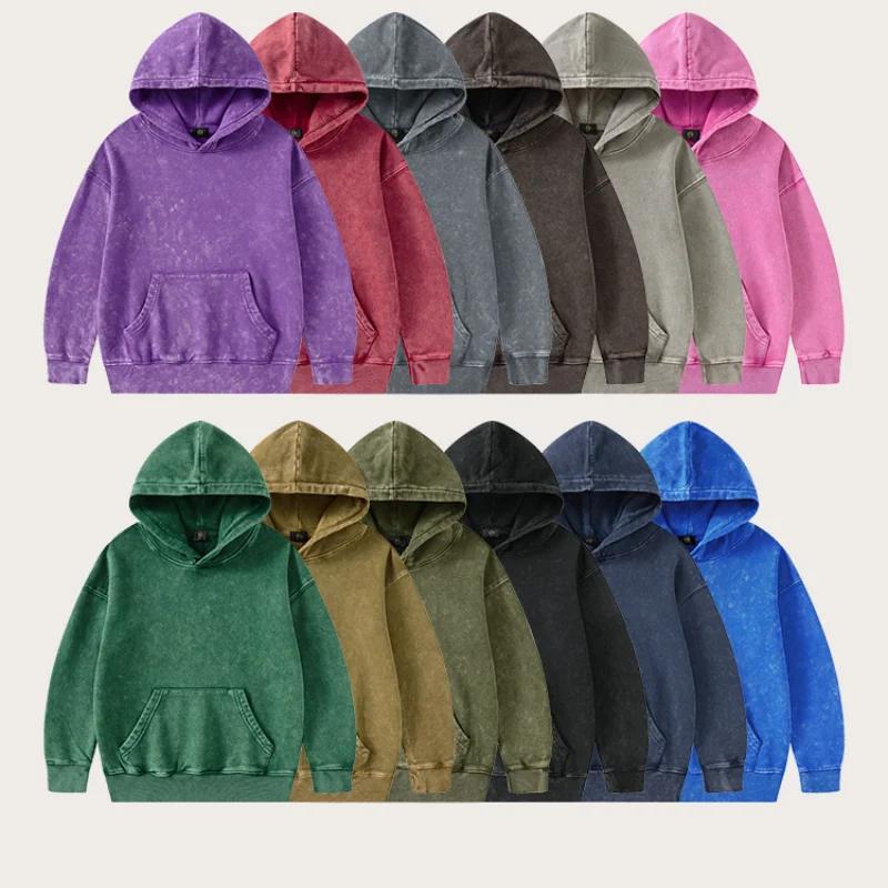 Children's Streetwear Trendy Cool 350G Terry Cotton Vintage Zipper Hoodies Boys Girls Casual Sport Tops Outerwear Kids Clothes