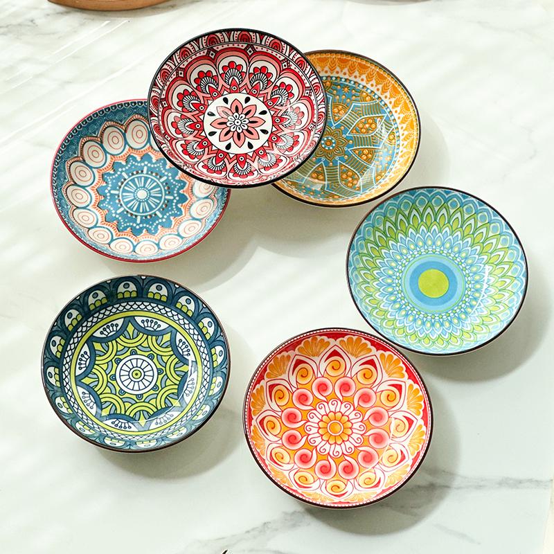6-Piece Bohemian Ceramic Plates 5.7 Inch - Creative for Breakfast/Salad/Pasta/Dessert/Appetizer, Microwave/Oven/Dishwasher Safe