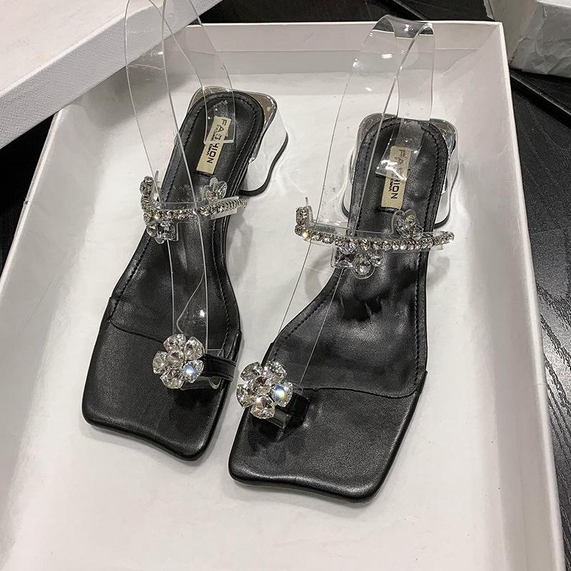 Fashion Hot Selling Crystal Women Slippers Fashion Mid Heels Shoes 2025 French Style Clip Toe Flip Flops Summer New Slides Sandals Shoes