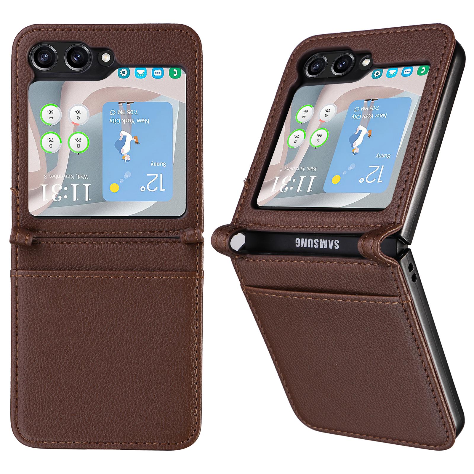 

For Samsung Galaxy Z Flip7 FE 5G/Z Flip6 5G Case Litchi Texture PU Leather+PC Card Slot Phone Cover Brown