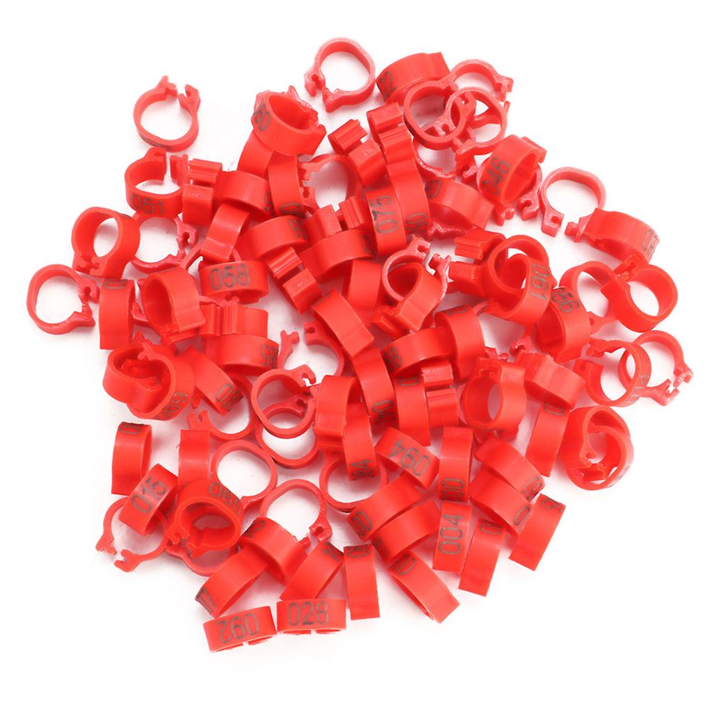 100 STK/pose 8MM 001-100 Nummererte Plast Brevdue Bird Ben Band Ringer(rød)