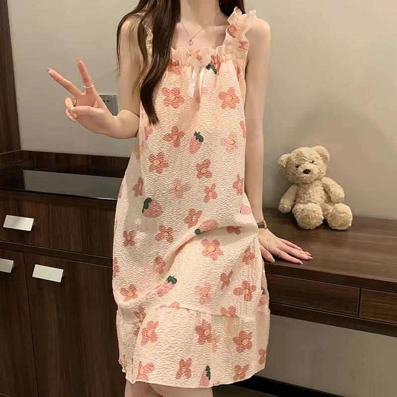 Schlafrock, weiblich, Sommer, süß, süß, Sling-Pyjama, mittellang, Nachtwäsche, Kleid, Homewear, ärmellose Pyjama-Sets für Frauen