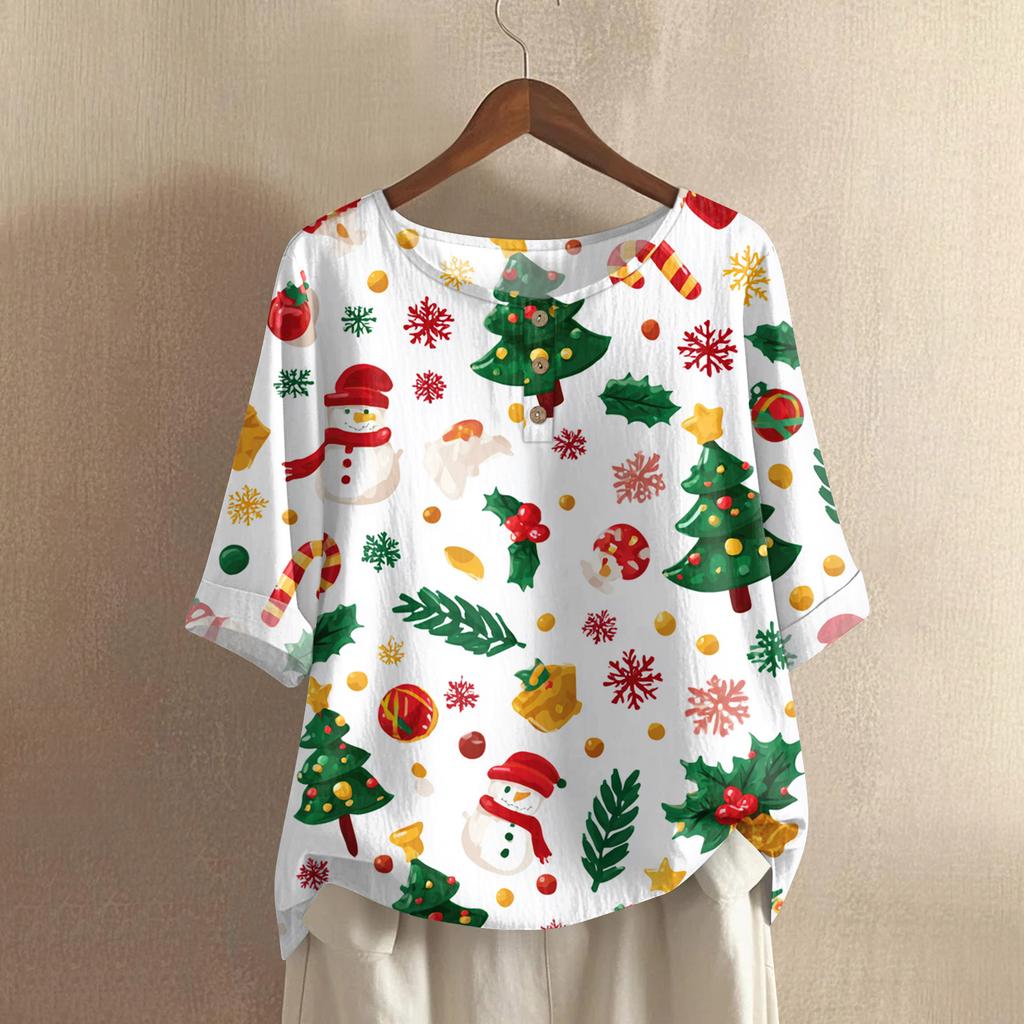 Women's Fashionable And Casual Shirt Half-sleeve Round Neck Print Cotton And Linen Blouse Top